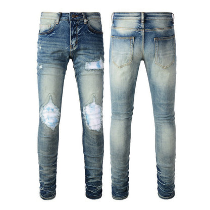 Men's Blue Jeans with White Patches and Ripped Stretch Design