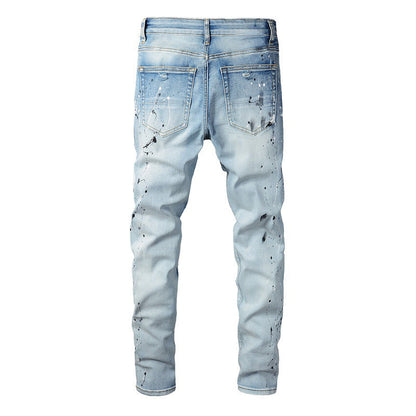 820 Jean en coton micro-élastique bleu clair pour jeunes avec patch déchiré et peinture 