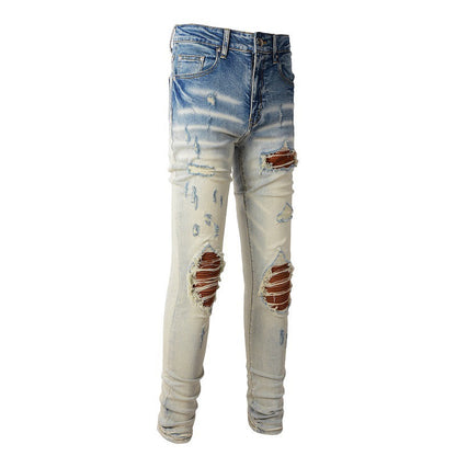 887 Street Ripped Patch Jeans Pantalon Slim Fit High Street Jeans 