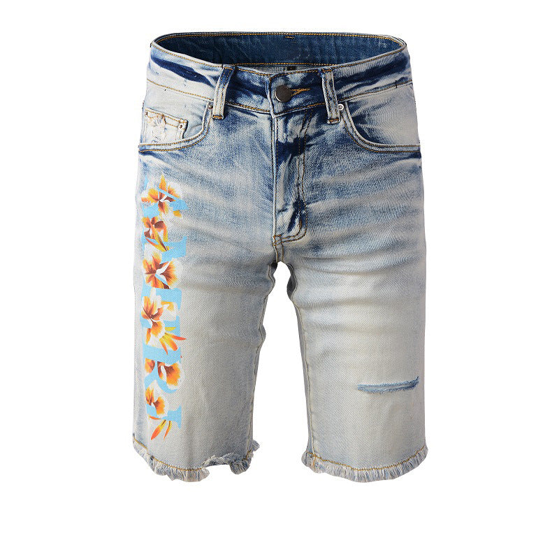 High Street Light Blue Digital Printing Elastic Slim Men's Short Jeans #847