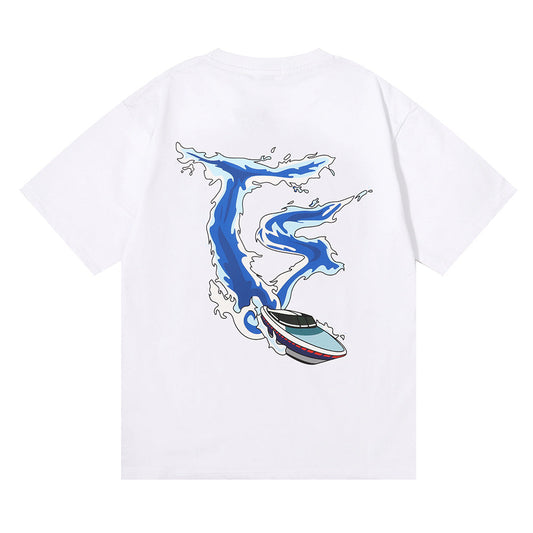 Niche Tide Brand Trapstar Speedboat Wave Print Loose Casual High Street Short-sleeved T-shirt Men's and Women's 2023 New