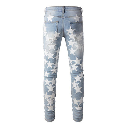 690 High Street Sticky White Star Jeans High Craft Pantalones vaqueros ajustados elásticos para pies pequeños 