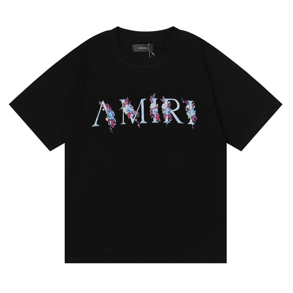 AMIRI Floral Butterfly Print Double Yarn Loose Couple Men and Women with The Same Casual Commuting Short-sleeved T-shirt Bottoming Shirt