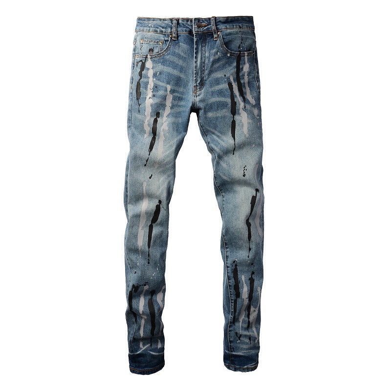 Jeans Graffiti Flow Ink déchiré Jeans Stretch Slim Denim #6907 