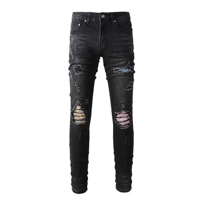 Pantalones vaqueros rasgados con parches de calle High Street Pantalones ajustados para hombre Denim n.° 867 