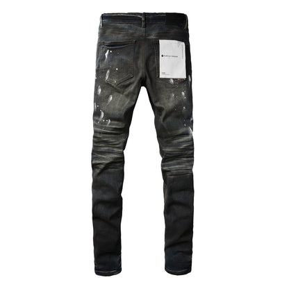 Pantalones vaqueros morados rotos para hombre, elegantes, ajustados, con pintura negra, para la calle 