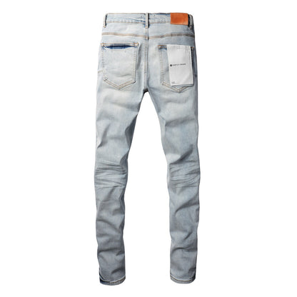 Pantalones vaqueros pitillo morados para hombre con detalle roto, pantalones vaqueros de motociclista de moda con parches y diseño estampado, pantalones vaqueros morados 