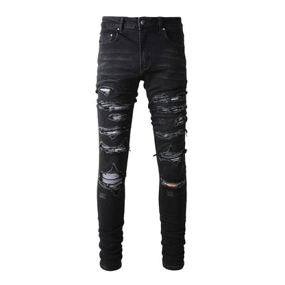 Jean slim stretch délavé noir avec détails en similicuir polyvalents 