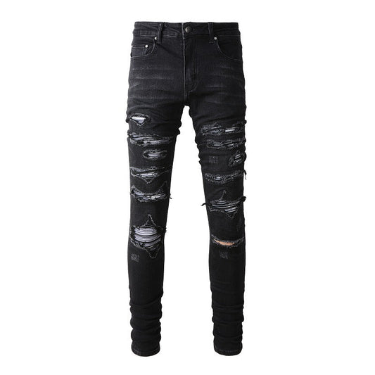 Jean slim stretch délavé noir avec détails en similicuir polyvalents 