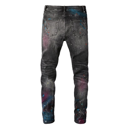 Jeans déchirés High Street pour hommes, jeans avec graffitis et peinture en aérosol, jeans slim élastiques pour hommes 5636 