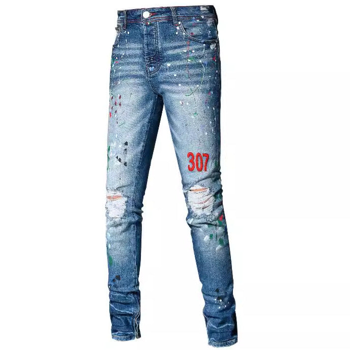 Jeans azules de pierna recta con bordado desgastado y diseño de pintura para estilo urbano 