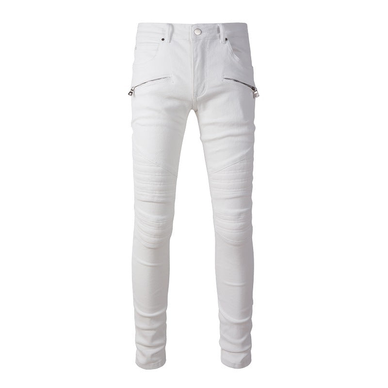 Jeans moto High Street pour hommes, pantalon épissé blanc pour hommes #1100 