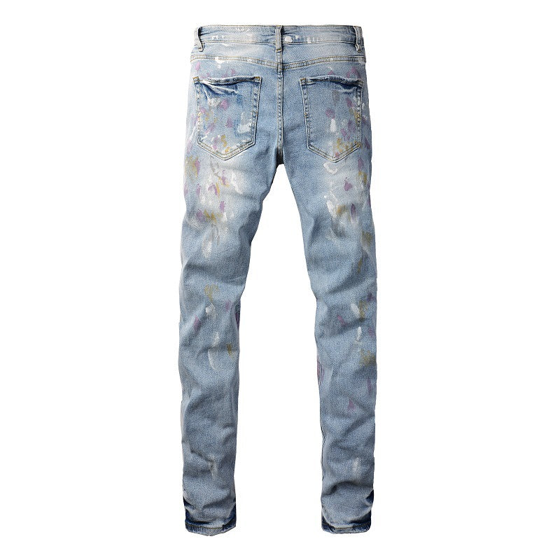 Jeans déchirés avec éclaboussures d'encre colorées et graffitis, denim slim élastique #6901 