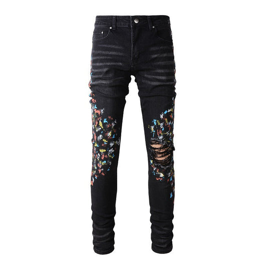 Pantalon décontracté en denim de rue en coton micro élastique pour jeunes, jean skinny noir avec éclaboussures de peinture #865