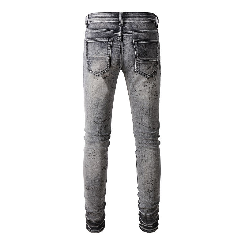 Street Denim Ripped Micro elastic Cotton Youth Gray Paint splashed Slim Jeans #879