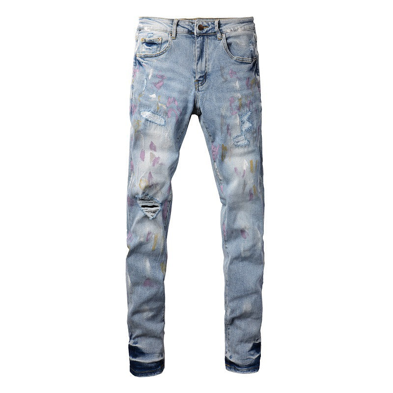 Jeans déchirés avec éclaboussures d'encre colorées et graffitis, denim slim élastique #6901 