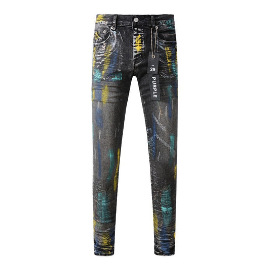 Fashionable Black Jeans with Bold Colorful Paint and Graffiti Detailing