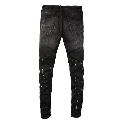 8616 Jeans Peinture Patch déchiré Jeans pour hommes Slim High Street 