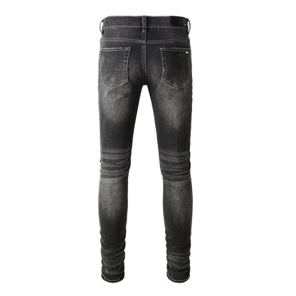 Jean déchiré High Street pour homme avec patchs patchwork et étoiles extensibles, coupe slim, pantalon crayon 