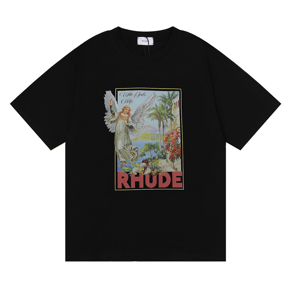 Cross-border Supply Summer Tide Brand Los Angeles Rhude High Definition Printing Pattern Design Men and Women Couple Wear Short-sleeved T-shirt