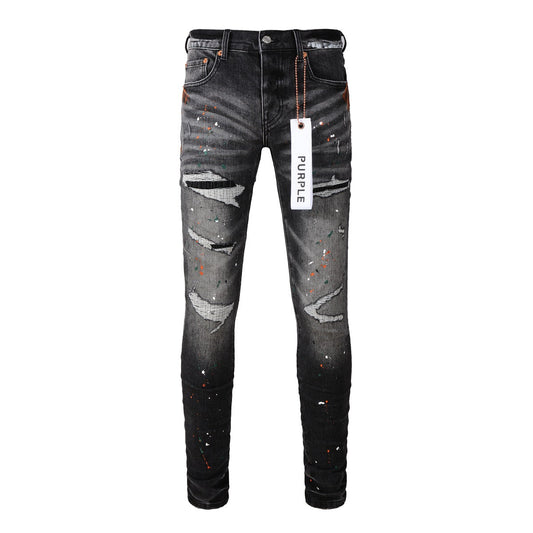 Mens New Black Grey Jeans Urban Style with Unique Ripped Patches