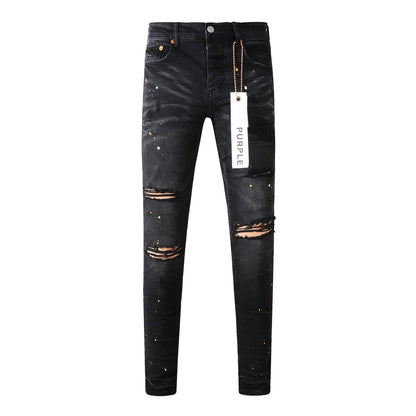 Mens Jeans Distressed Black Denim with Knee Slit and Ripped Hole 9045