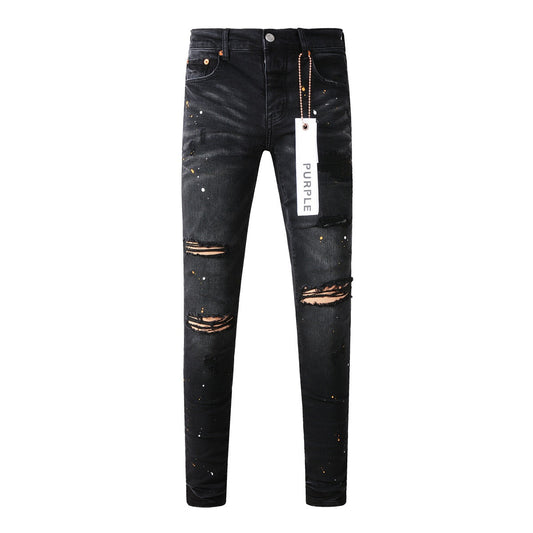 Jean pour homme en denim noir vieilli avec fente au genou et trou déchiré 9045 