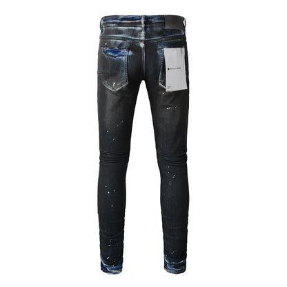 Mens Purple Skinny Jeans with Ripped Detail Fashionable Denim Biker Pants with Patches and Printed Design