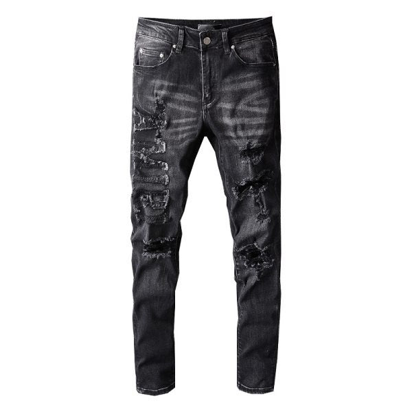 Jean slim noir pour homme avec détails extensibles et patchwork confortables 