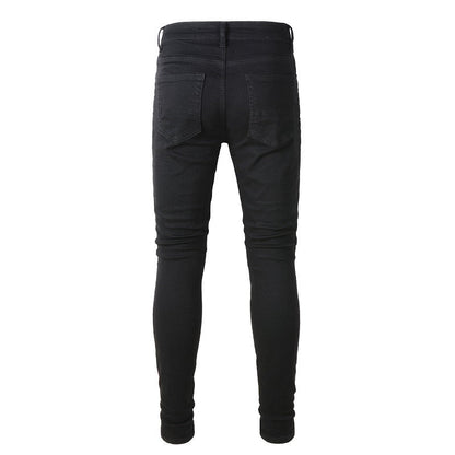 Pantalon noir High Street Jeans froissés Stretch Slim Fit pour hommes Jeans Small Foot 