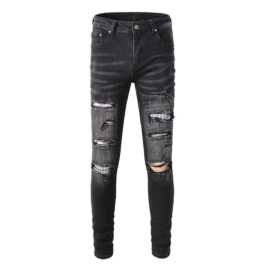 Jean skinny déchiré en coton micro-élastique pour jeunes, imprimé sac à dos avec éclaboussures de peinture noire #859 