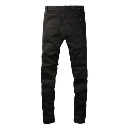 Slim Fit Black Stretch Jeans with Versatile Design and Faux Leather Panels