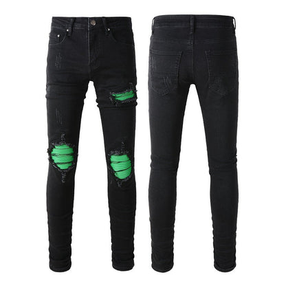 Proceso de lavado de calles Jeans con parches verdes Jeans retro ajustados elásticos para hombre 