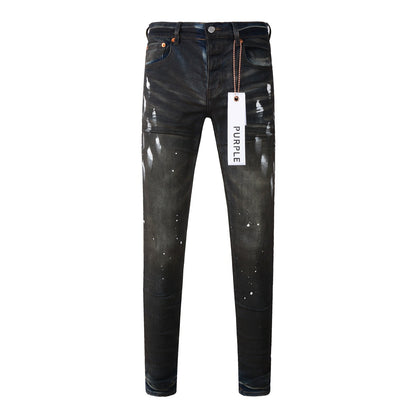 Pantalones vaqueros morados rotos para hombre, elegantes, ajustados, con pintura negra, para la calle 