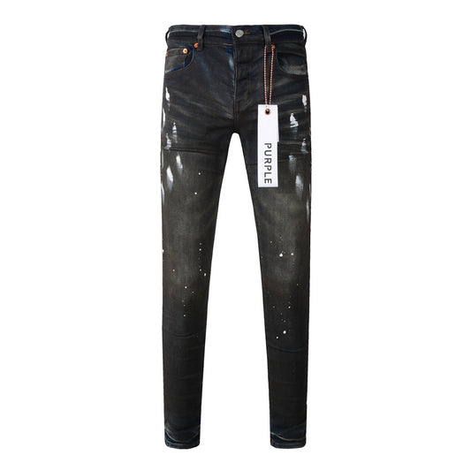 Jean déchiré violet pour homme, pantalon en denim coupe slim élégant avec peinture noire 