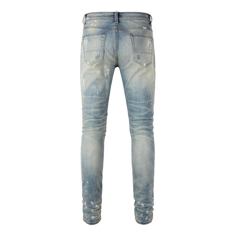 6530 Jeans Retro Paint Ripped Patch Jeans para hombre Slim Fit 