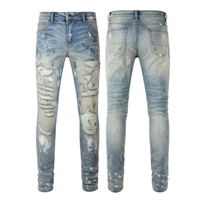 6530 Jeans Retro Paint Ripped Patch Jeans para hombre Slim Fit 