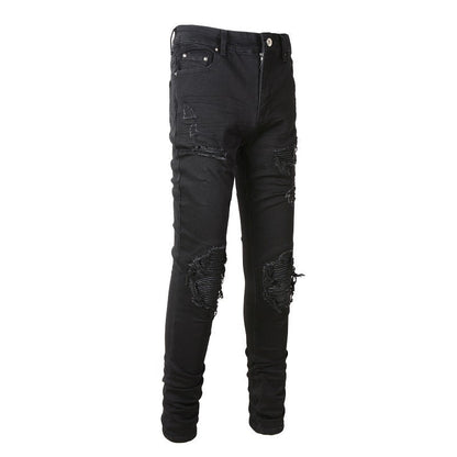 Men's Slim Fit Black Jeans with Large Knee Rips and Patchwork Design