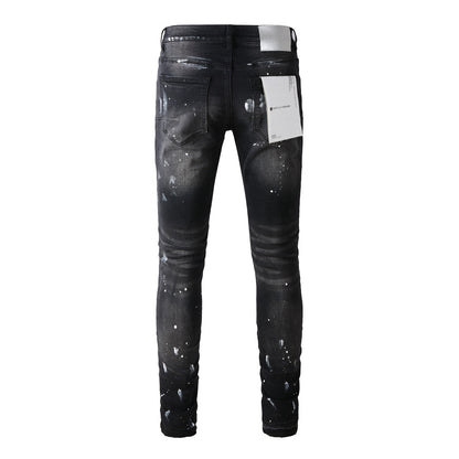 Jeans Purple With High Street Black Paint Distressed 9002 7025 Pants