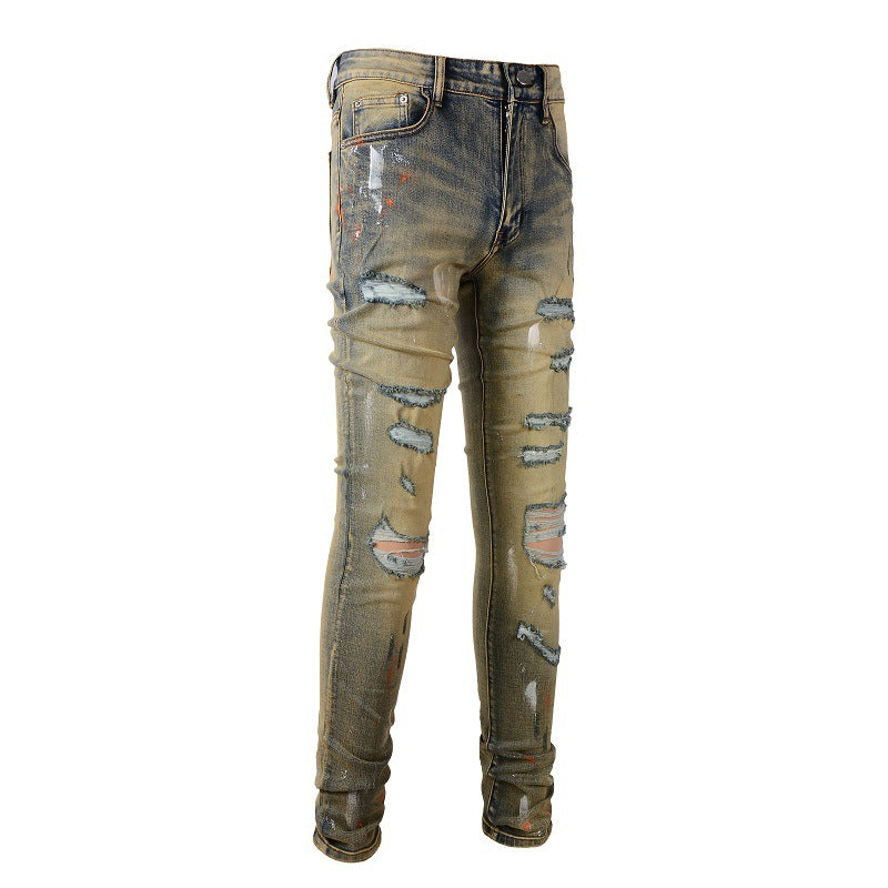 Jean déchiré avec patchs graffiti High Street Jean slim stretch vintage #6557 