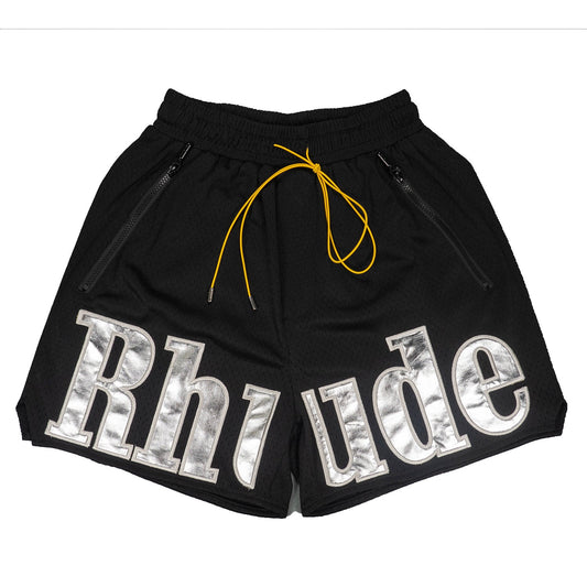 RHUDE Mesh Fabric Leather Embroidery Letters Men's Summer Breathable Basketball Multi-pocket Popular Sports Shorts