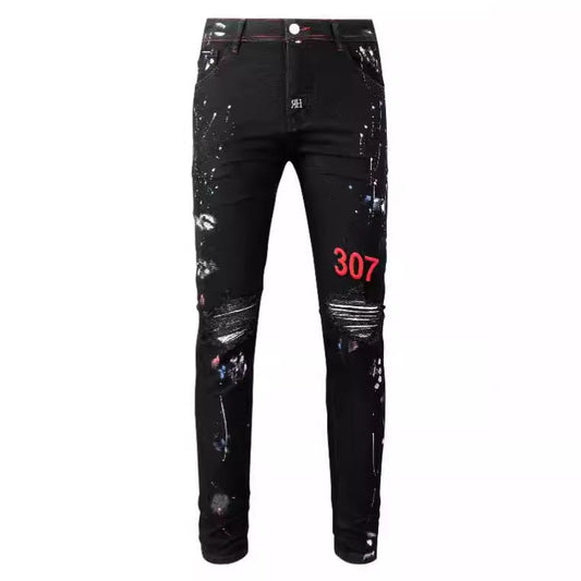 Slim Fit Straight Leg Jeans with Ripped, Embroidery, and Paint Details for Street Style