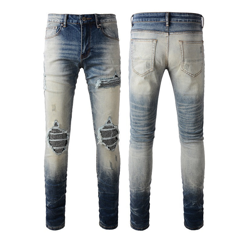 Vaqueros de hombre con parches rotos y diseño de rombos de High Street Jeans n.° 1331 