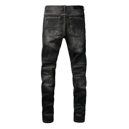 Jean déchiré High Street pour homme avec patchs patchwork et étoiles extensibles, coupe slim, pantalon crayon 