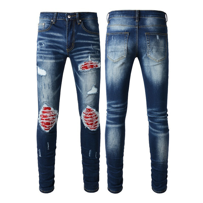 1318 High Street Ripped Patch Jeans Bleu Jeans Homme Version Coréenne 