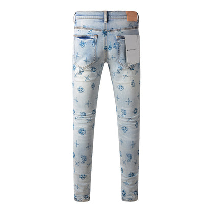 Blue Denim Pants 9063 with Unique Print Details for a Forward Look