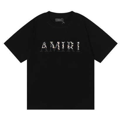 AMIRI Leopard Print Design Double Yarn Loose Teen Couple Men and Women with The Same Crew Neck Casual Short-sleeved T-shirt Bottoming Shirt