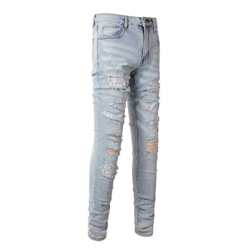 Jeans Retro Jeans Diamants Incrustés Jeans Homme Élastique et Slim #6808 