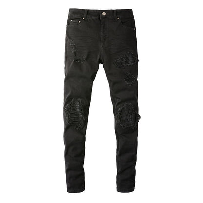 Men's Slim Fit Black Jeans with Wrinkled Details, Patches, and Ripped Design