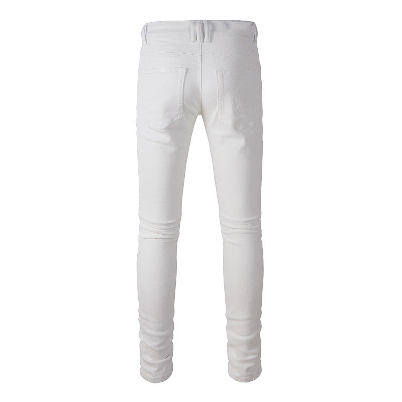 Jeans moto High Street pour hommes, pantalon épissé blanc pour hommes #1100 